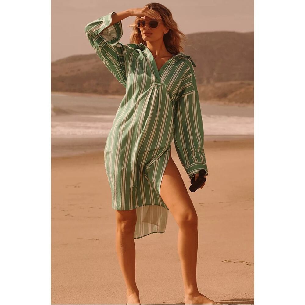 Anthropologie Long Sleeve Striped Popover Collared Midi Shirt Dress Green XXS/XS